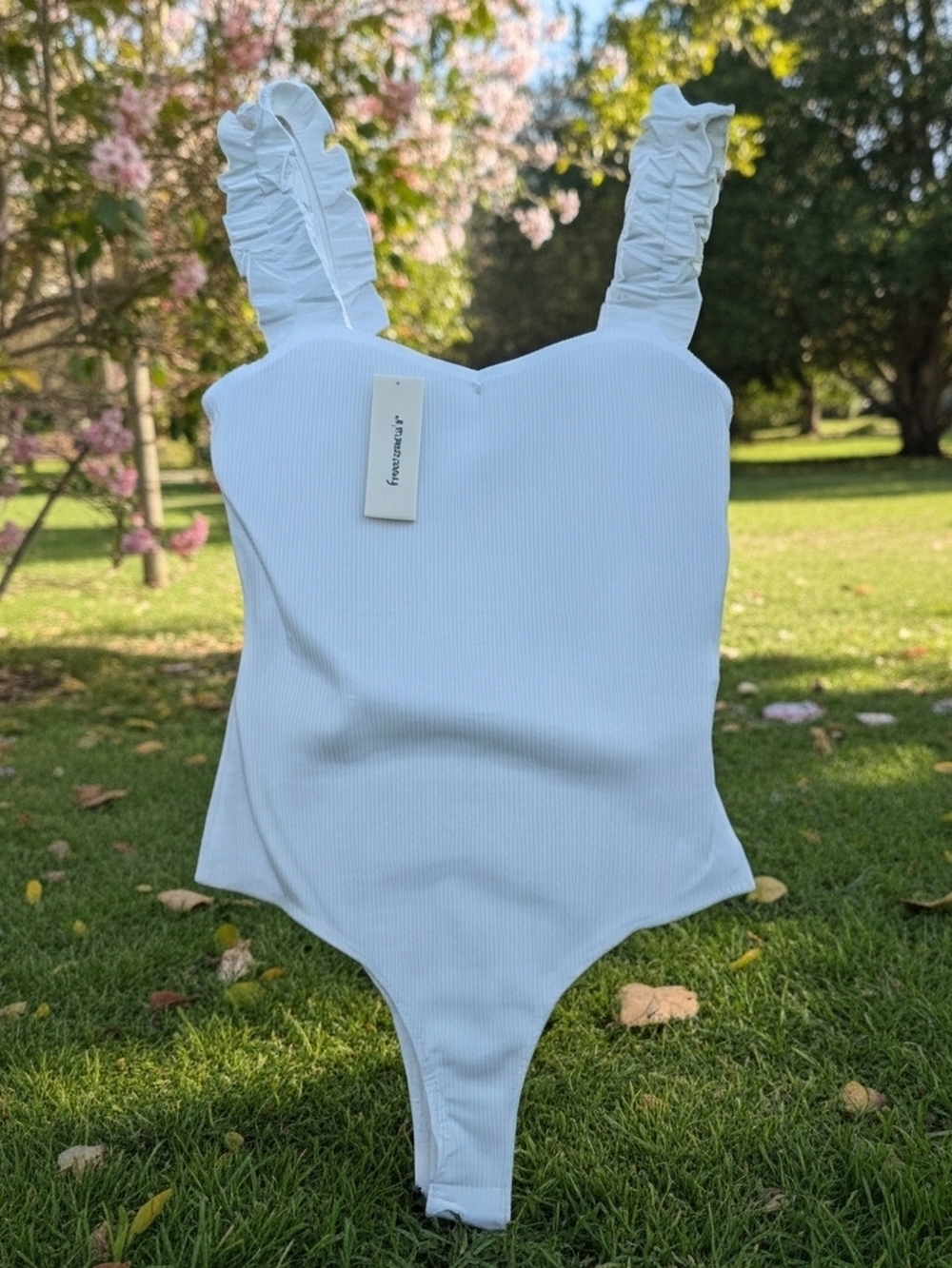 NWT Francesca's Blue Rain White Ribbed Bodysuit w/ Ruffle Strap Detail - Size M - Picture 1 of 6